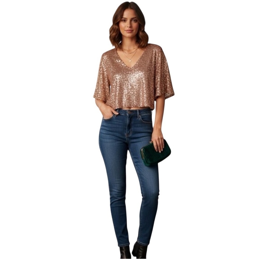 Peach Love California Gold Sequin Party Top Size M